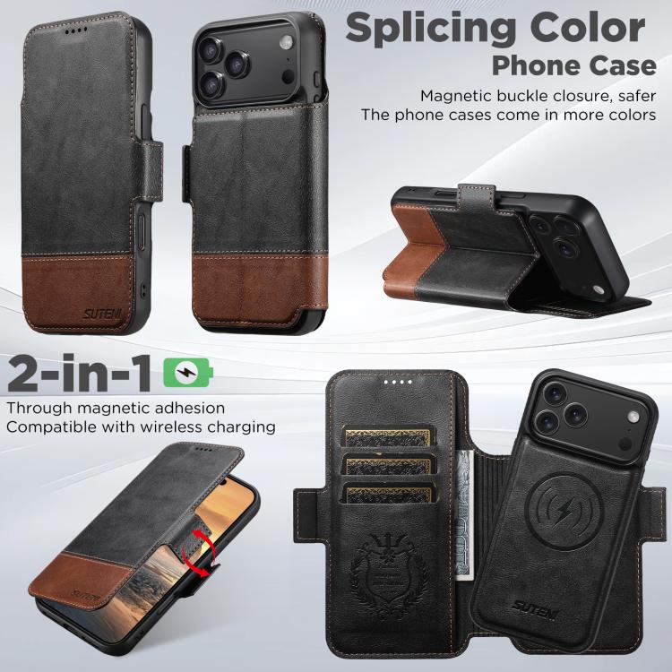 For iPhone 17 Pro Suteni Q06 2-in-1 Multi-function Detachable Wallet MagSafe Phone Case(Black) by Suteni