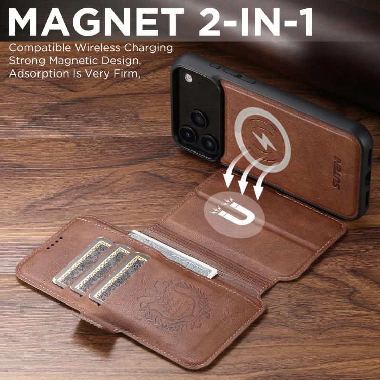 For iPhone 17 Pro Suteni Q06 2-in-1 Multi-function Detachable Wallet MagSafe Phone Case(Brown) by Suteni