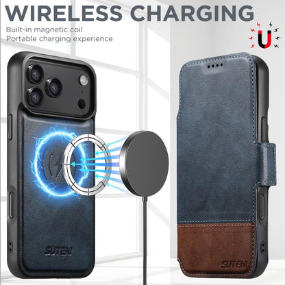 For iPhone 17 Pro Suteni Q06 2-in-1 Multi-function Detachable Wallet MagSafe Phone Case(Blue) by Suteni