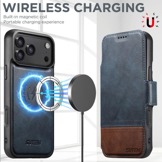 For iPhone 17 Pro Suteni Q06 2-in-1 Multi-function Detachable Wallet MagSafe Phone Case(Blue) by Suteni