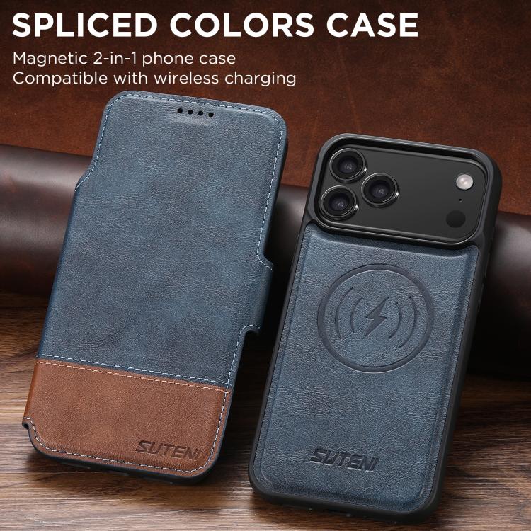 For iPhone 17 Pro Suteni Q06 2-in-1 Multi-function Detachable Wallet MagSafe Phone Case(Blue) by Suteni