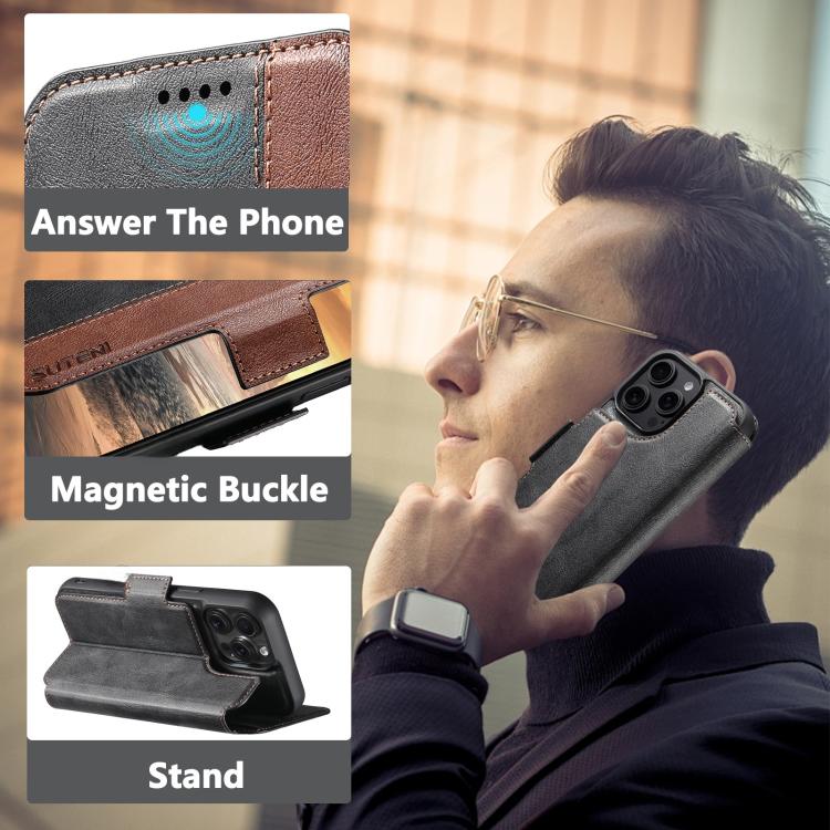 For iPhone 17 Pro Suteni Q07 2-in-1 Multi-function Detachable Wallet MagSafe Phone Case(Black) by Suteni