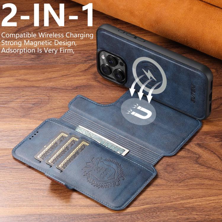 For iPhone 17 Pro Suteni Q07 2-in-1 Multi-function Detachable Wallet MagSafe Phone Case(Blue) by Suteni