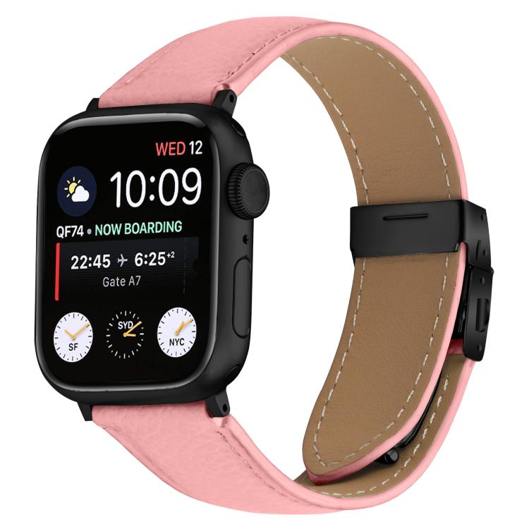 For Apple Watch 46mm / 49mm / 45mm / 44mm Lychee Texture Black Turtle Back Buckle Leather Watch Band(Pink) by bashfashion