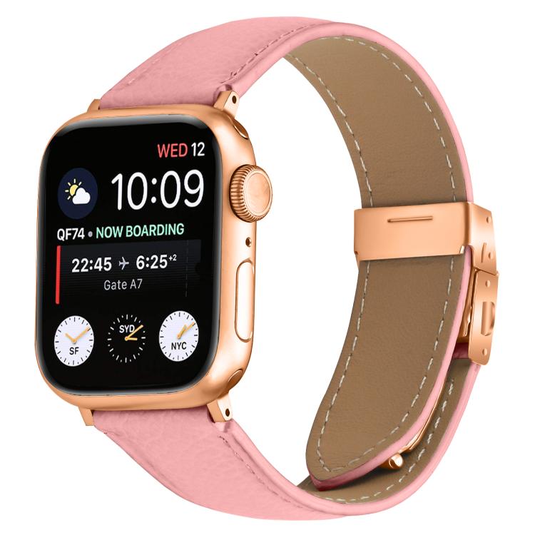 For Apple Watch 46mm / 49mm / 45mm / 44mm Lychee Texture Rose Gold Turtle Back Buckle Leather Watch Band(Pink) by bashfashion