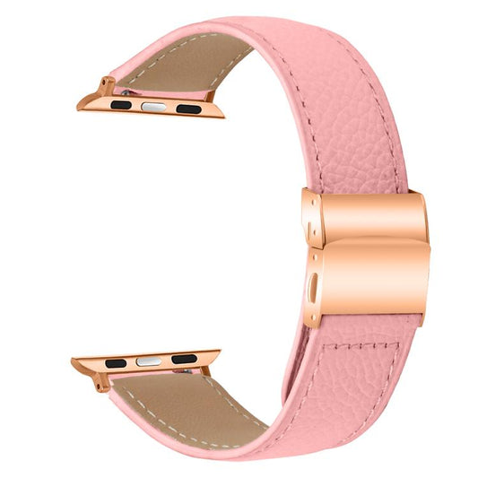For Apple Watch 46mm / 49mm / 45mm / 44mm Lychee Texture Rose Gold Turtle Back Buckle Leather Watch Band(Pink) by bashfashion