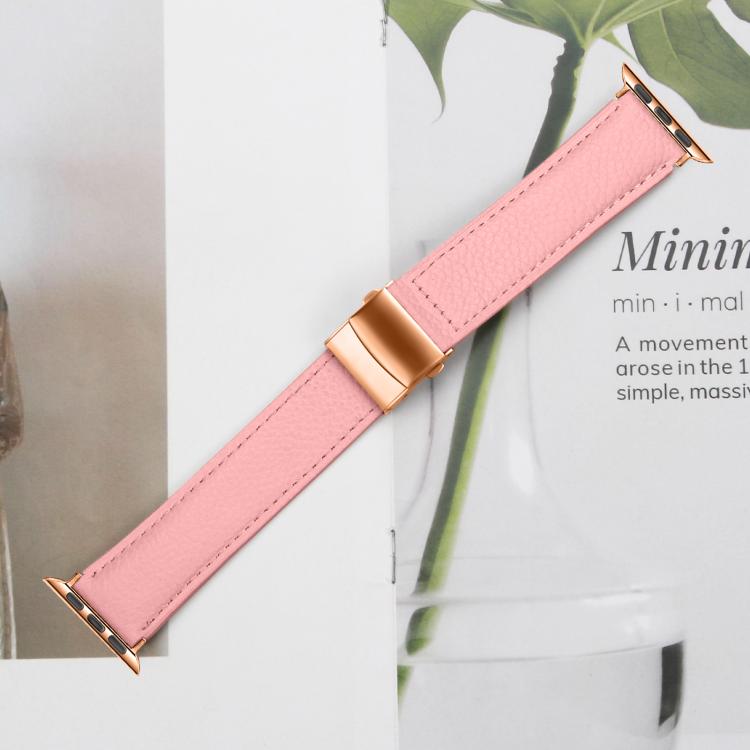 For Apple Watch 46mm / 49mm / 45mm / 44mm Lychee Texture Rose Gold Turtle Back Buckle Leather Watch Band(Pink) by bashfashion