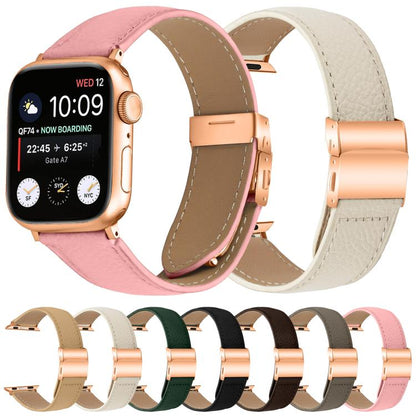 For Apple Watch 46mm / 49mm / 45mm / 44mm Lychee Texture Rose Gold Turtle Back Buckle Leather Watch Band(Pink) by bashfashion