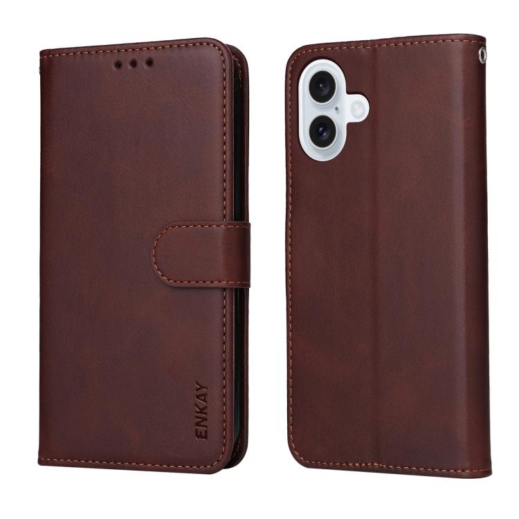 For iPhone 17 ENKAY Card Wallet Calf Texture Leather Phone Case with Thickened Glue No White Edge Film(Brown) by ENKAY