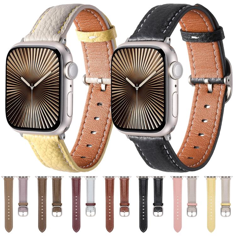 For Apple Watch 46mm / 49mm / 45mm / 44mm Square Buckle Litchi Texture Genuine Leather Watch Band(Misty Purple Khaki) by bashfashion