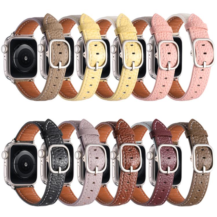 For Apple Watch 46mm / 49mm / 45mm / 44mm Square Buckle Litchi Texture Genuine Leather Watch Band(Misty Purple Khaki) by bashfashion