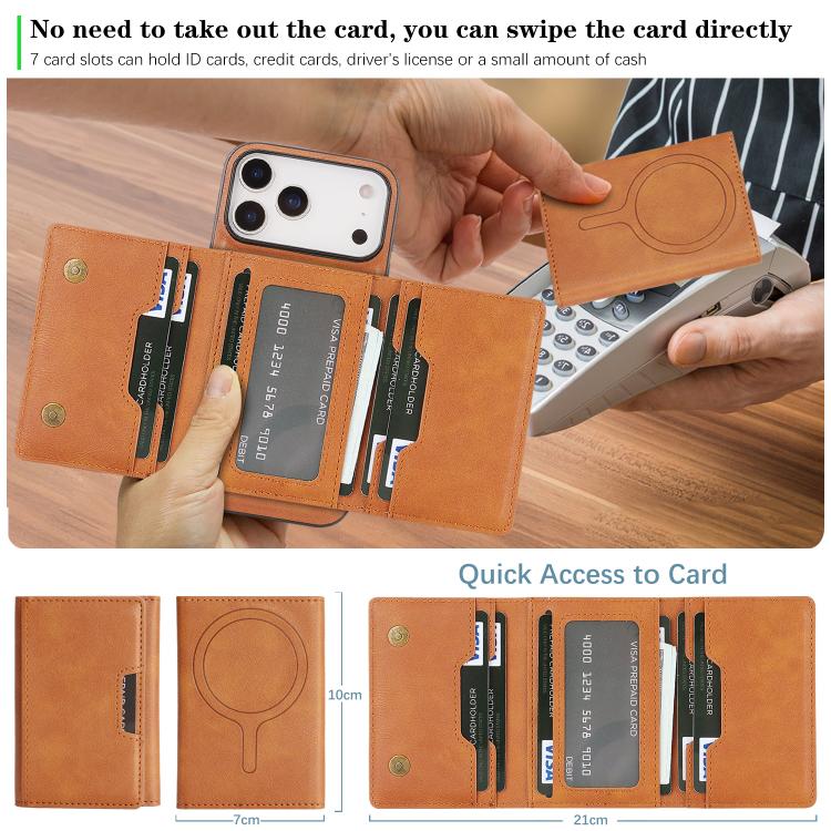 For iPhone 17 Pro Max Kalebol Strong Magnetic MagSafe Tri-Fold Wallet Leather Phone Case(Brown) by Kalebol