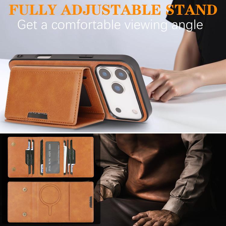 For iPhone 17 Pro Max Kalebol Strong Magnetic MagSafe Tri-Fold Wallet Leather Phone Case(Brown) by Kalebol