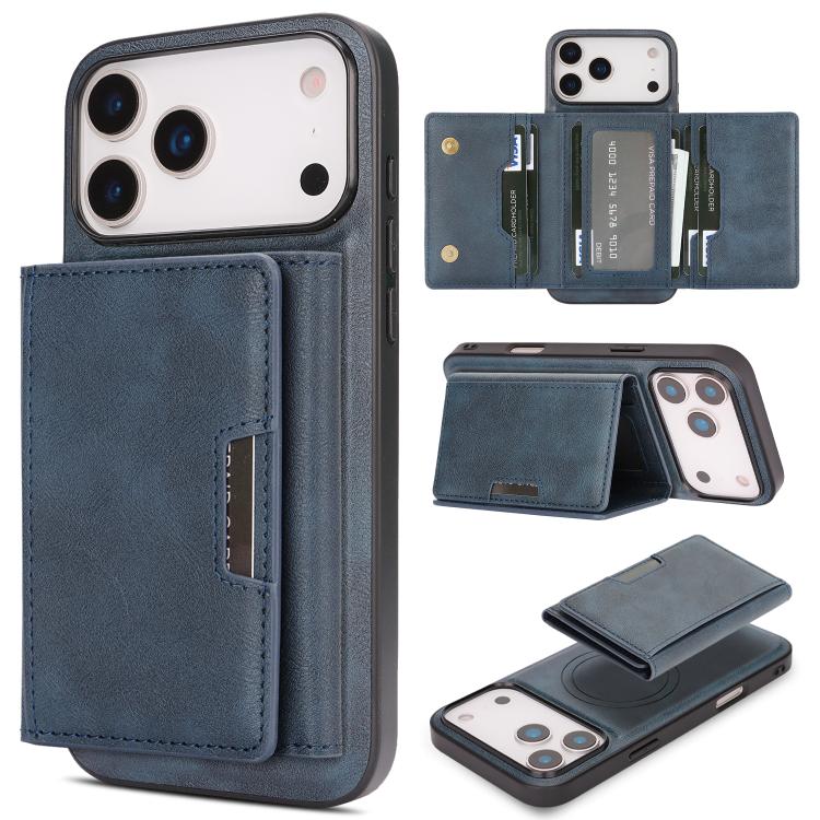 For iPhone 17 Pro Max Kalebol Strong Magnetic MagSafe Tri-Fold Wallet Leather Phone Case(Blue) by Kalebol