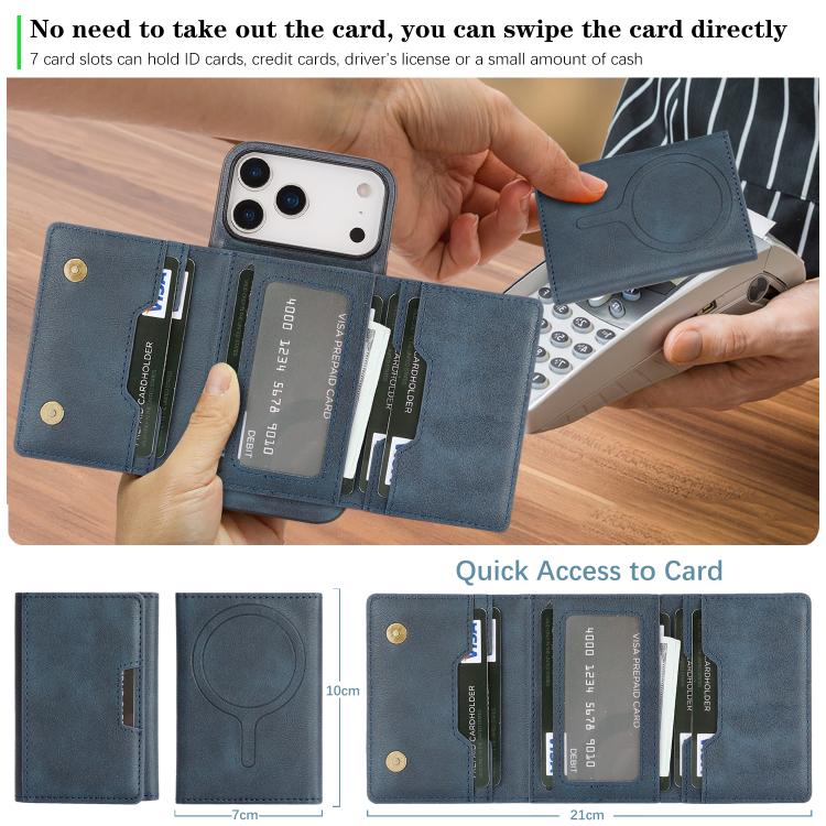 For iPhone 17 Pro Max Kalebol Strong Magnetic MagSafe Tri-Fold Wallet Leather Phone Case(Blue) by Kalebol