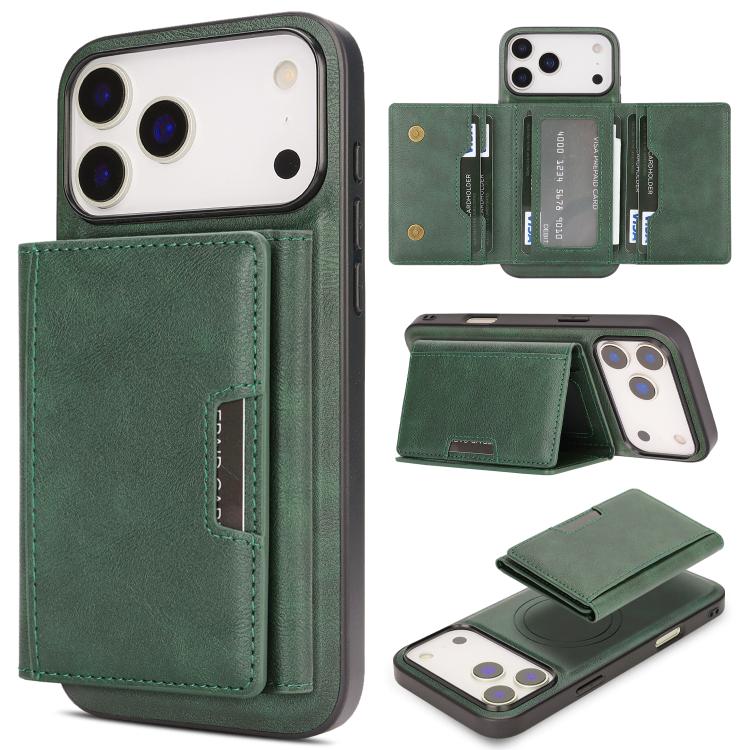 For iPhone 17 Pro Max Kalebol Strong Magnetic MagSafe Tri-Fold Wallet Leather Phone Case(Green) by Kalebol