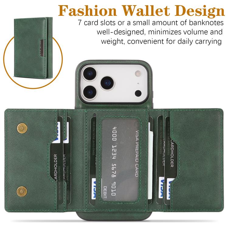 For iPhone 17 Pro Max Kalebol Strong Magnetic MagSafe Tri-Fold Wallet Leather Phone Case(Green) by Kalebol