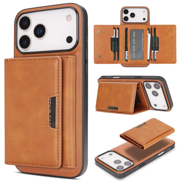 For iPhone 17 Pro Kalebol Strong Magnetic MagSafe Tri-Fold Wallet Leather Phone Case(Brown) by Kalebol