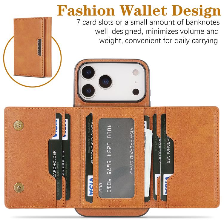 For iPhone 17 Pro Kalebol Strong Magnetic MagSafe Tri-Fold Wallet Leather Phone Case(Brown) by Kalebol