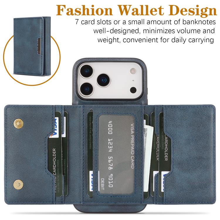 For iPhone 17 Pro Kalebol Strong Magnetic MagSafe Tri-Fold Wallet Leather Phone Case(Blue) by Kalebol