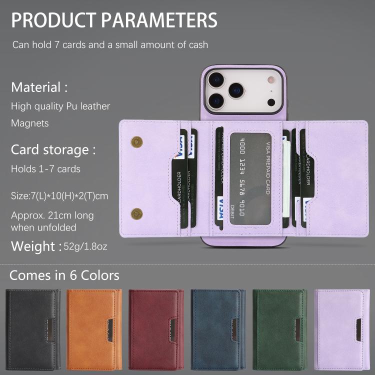 For iPhone 17 Pro Kalebol Strong Magnetic MagSafe Tri-Fold Wallet Leather Phone Case(Purple) by Kalebol