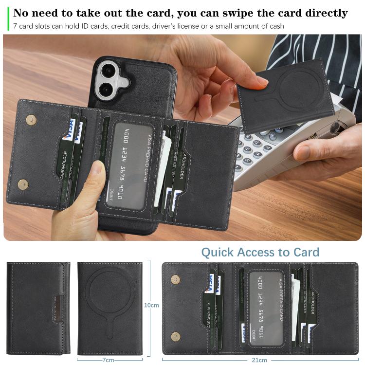 For iPhone 17 Kalebol Strong Magnetic MagSafe Tri-Fold Wallet Leather Phone Case(Black) by Kalebol
