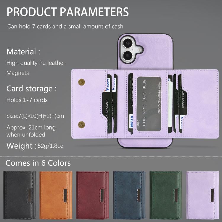 For iPhone 17 Kalebol Strong Magnetic MagSafe Tri-Fold Wallet Leather Phone Case(Purple) by Kalebol