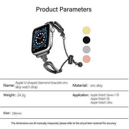 For Apple Watch 46mm / 49mm / 45mm / 44mm U-Shaped Diamond Bracelet Zinc Alloy Watch Band(Black) by bashfashion