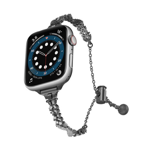 For Apple Watch 46mm / 49mm / 45mm / 44mm Wings Crushed Diamonds Zinc Alloy Watch Band(Black) by bashfashion