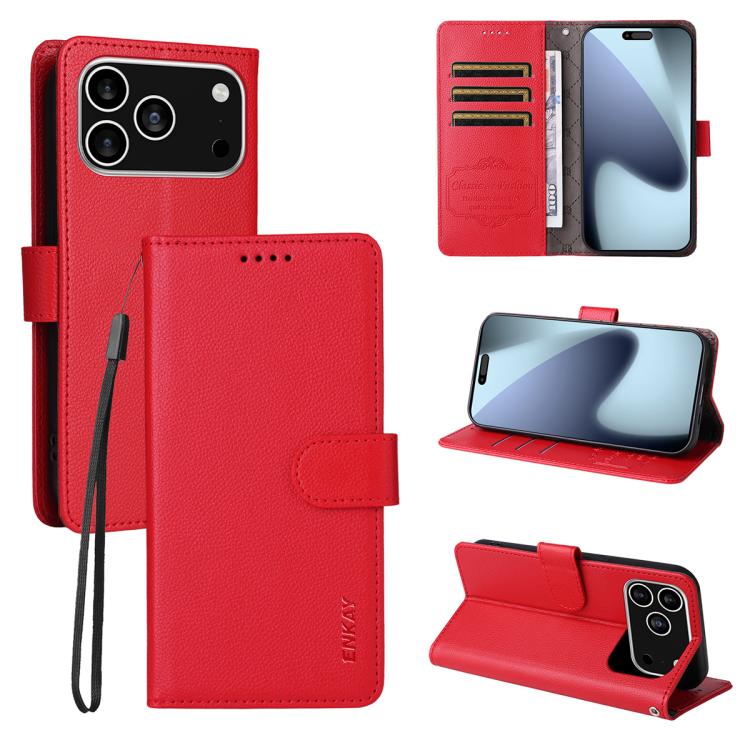 For iPhone 17 Pro Max ENKAY RFID Blocking Wallet Kickstand Litchi Texture Leather Phone Case(Red) by ENKAY