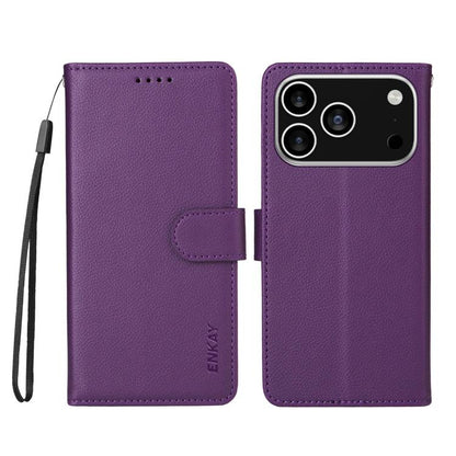 For iPhone 17 Pro Max ENKAY RFID Blocking Wallet Kickstand Litchi Texture Leather Phone Case(Purple) by ENKAY