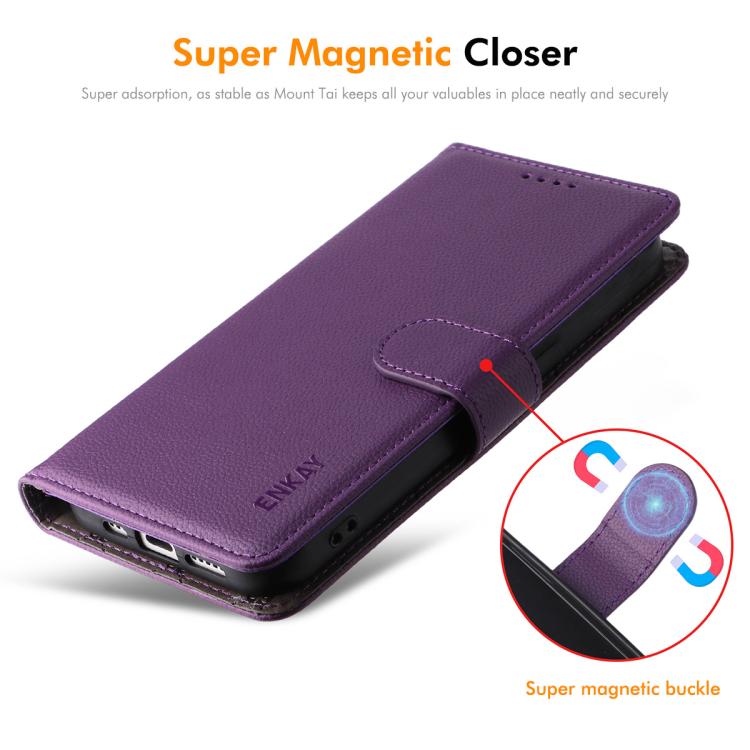 For iPhone 17 Pro Max ENKAY RFID Blocking Wallet Kickstand Litchi Texture Leather Phone Case(Purple) by ENKAY