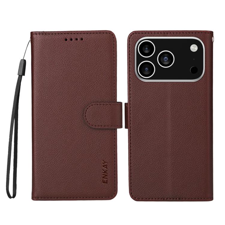 For iPhone 17 Pro Max ENKAY RFID Blocking Wallet Kickstand Litchi Texture Leather Phone Case(Brown) by ENKAY