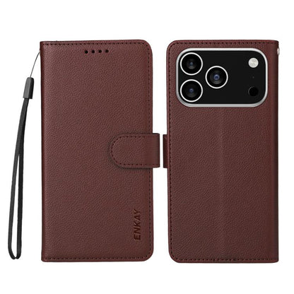 For iPhone 17 Pro Max ENKAY RFID Blocking Wallet Kickstand Litchi Texture Leather Phone Case(Brown) by ENKAY