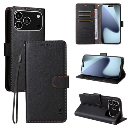 For iPhone 17 Pro ENKAY RFID Blocking Wallet Kickstand Litchi Texture Leather Phone Case(Black) by ENKAY