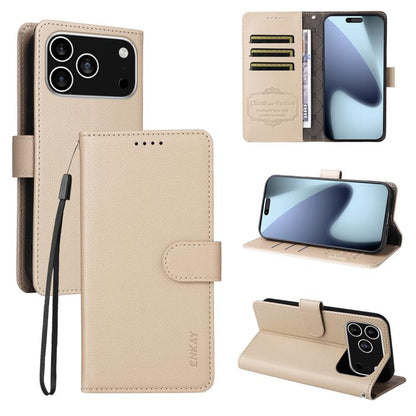 For iPhone 17 Pro ENKAY RFID Blocking Wallet Kickstand Litchi Texture Leather Phone Case(Beige) by ENKAY