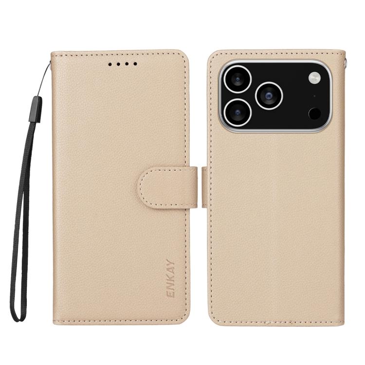 For iPhone 17 Pro ENKAY RFID Blocking Wallet Kickstand Litchi Texture Leather Phone Case(Beige) by ENKAY
