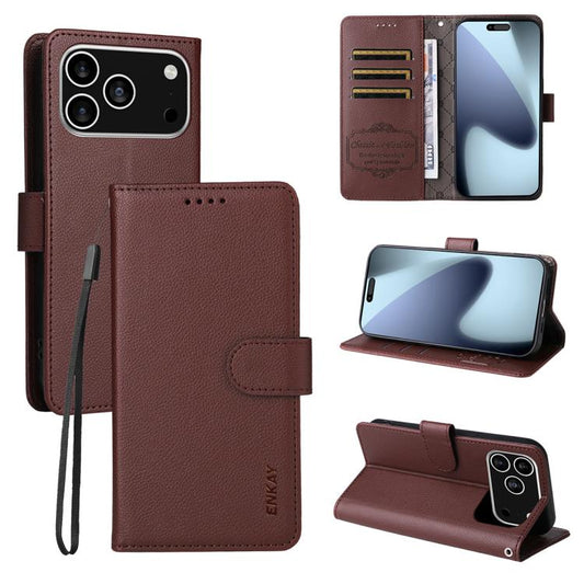 For iPhone 17 Pro ENKAY RFID Blocking Wallet Kickstand Litchi Texture Leather Phone Case(Brown) by ENKAY