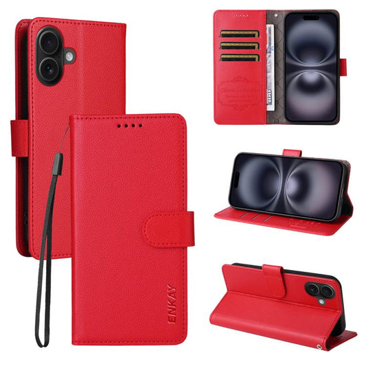 For iPhone 17 ENKAY RFID Blocking Wallet Kickstand Litchi Texture Leather Phone Case(Red) by ENKAY