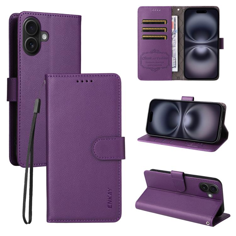 For iPhone 17 ENKAY RFID Blocking Wallet Kickstand Litchi Texture Leather Phone Case(Purple) by ENKAY