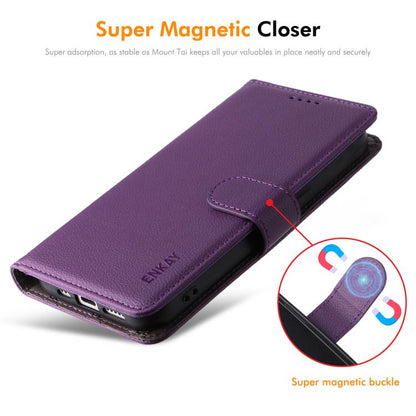 For iPhone 17 ENKAY RFID Blocking Wallet Kickstand Litchi Texture Leather Phone Case(Purple) by ENKAY