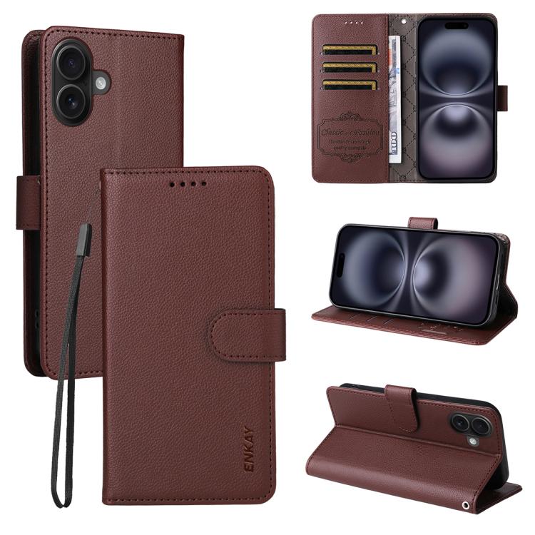 For iPhone 17 ENKAY RFID Blocking Wallet Kickstand Litchi Texture Leather Phone Case(Brown) by ENKAY