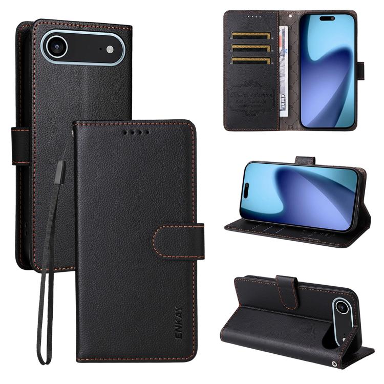 For iPhone Air ENKAY RFID Blocking Wallet Kickstand Litchi Texture Leather Phone Case(Black) by ENKAY