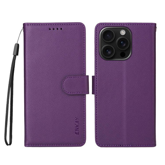 For iPhone 16 Pro Max ENKAY RFID Blocking Wallet Kickstand Litchi Texture Leather Phone Case(Purple) by ENKAY