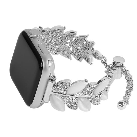 For Apple Watch 46mm / 49mm / 45mm / 44mm Leaf Shaped Diamond Studded Bracelet Alloy Watch Band(Silver White) by bashfashion
