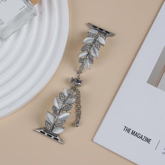 For Apple Watch 46mm / 49mm / 45mm / 44mm Leaf Shaped Diamond Studded Bracelet Alloy Watch Band(Silver White) by bashfashion
