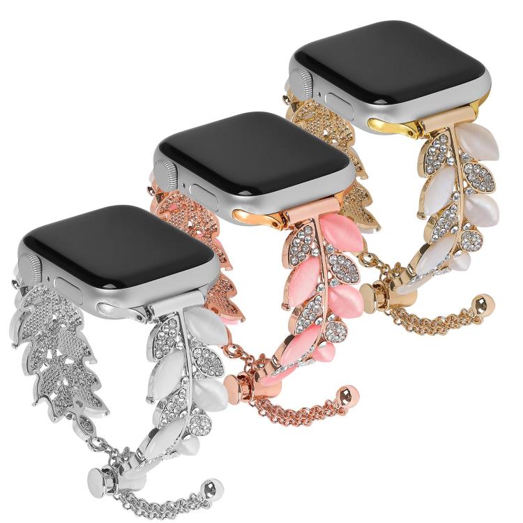 For Apple Watch 46mm / 49mm / 45mm / 44mm Leaf Shaped Diamond Studded Bracelet Alloy Watch Band(Silver White) by bashfashion