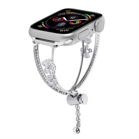 For Apple Watch 46mm / 49mm / 45mm / 44mm Copper-Inlaid Zircon 5-petal Flower Bracelet Watch Band(Silver) by bashfashion