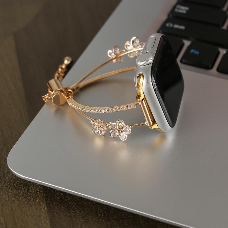 For Apple Watch 46mm / 49mm / 45mm / 44mm Copper-Inlaid Zircon 5-petal Flower Bracelet Watch Band(Silver) by bashfashion