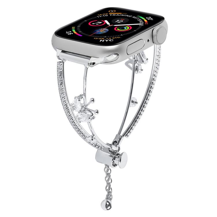 For Apple Watch 46mm / 49mm / 45mm / 44mm Copper-Inlaid Butterfly Zircon Bracelet Watch Band(Siver) by bashfashion